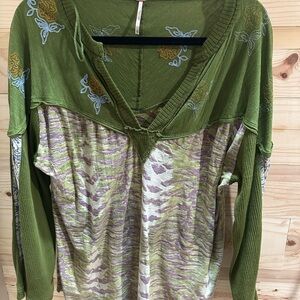 Free People Green Graphic Long Sleeve Tunic